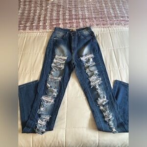 🌟Aphrodite High Waist Straight Leg Skinny Fully Distressed Blue Jean 11 M L 32”